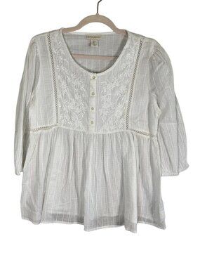 Neutral Floral Eyelet Peplum Top L Boho Indie Folk Peasant Festival Dainty Chic